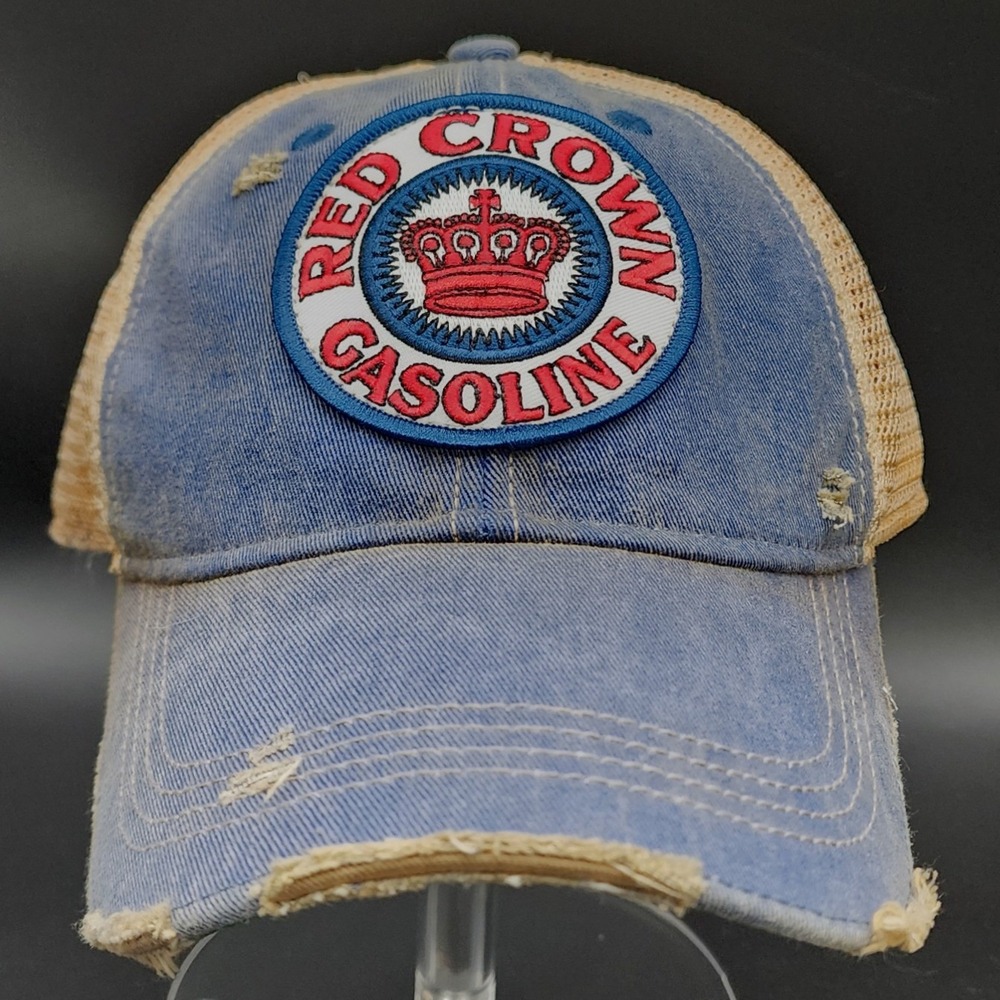 Headmost OS Blue Red Crown Gasoline Distressed Trucker Hat Vintage Mesh Snapback